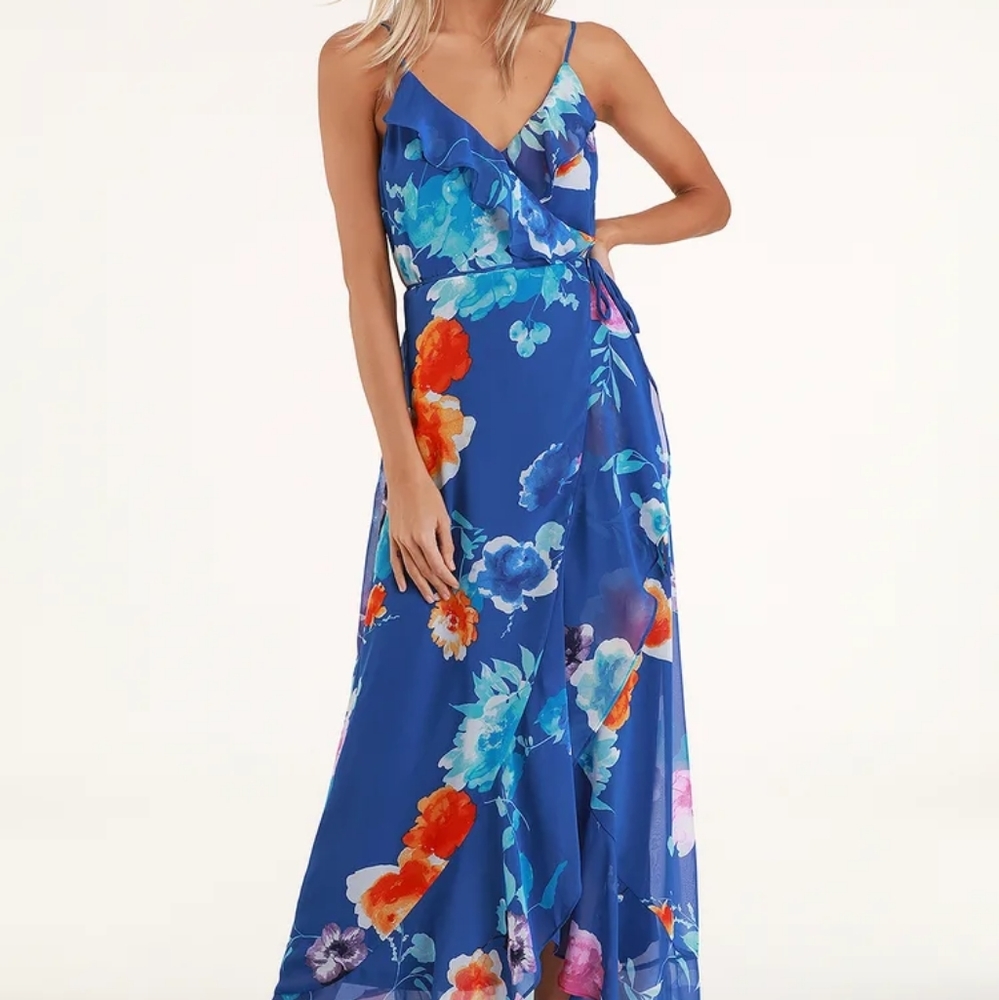 NWT LULUS ROYAL BLUE FLORAL PRINT RUFFLED MAXI DRESS - Picture 2 of 9